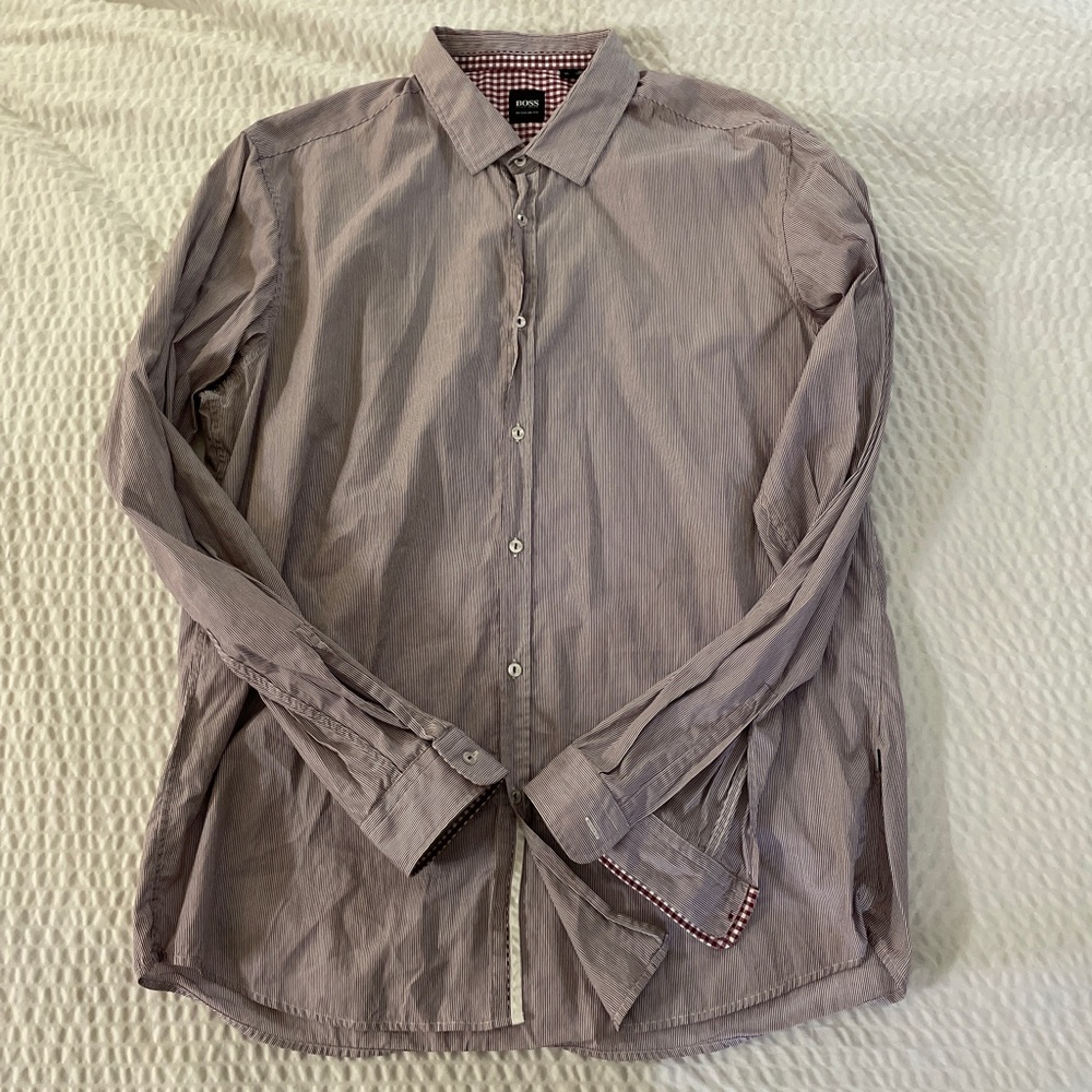 BOSS HUGO BOSS Reg Fit Finely Striped Lorenzo Sport Shirt In Burgundy Size‎ XL